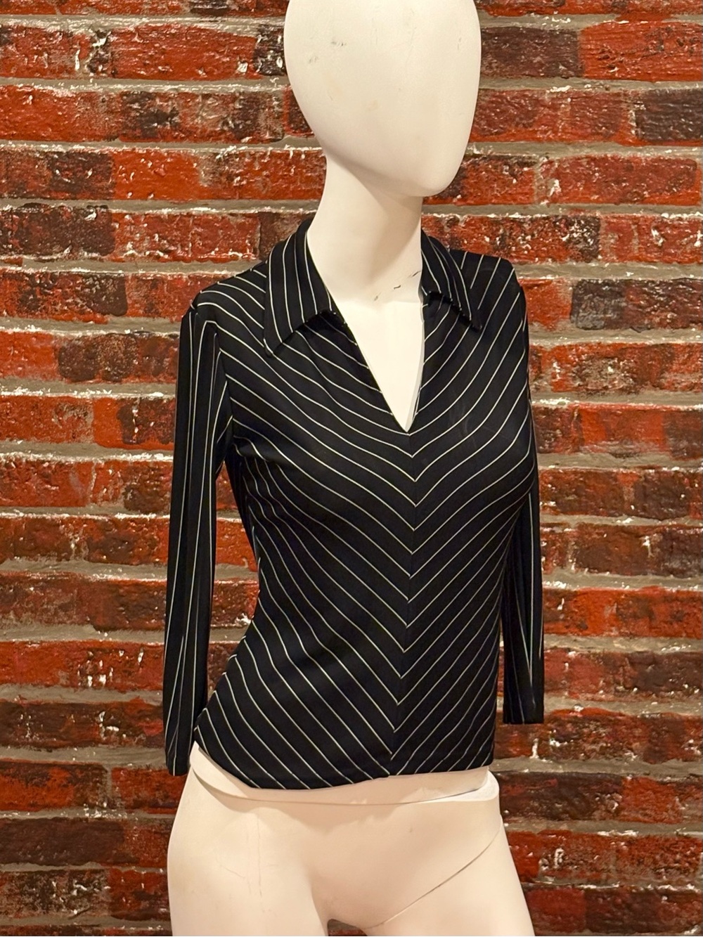 A. Byer Black Top with White Pinstripes and V-Neck Collar